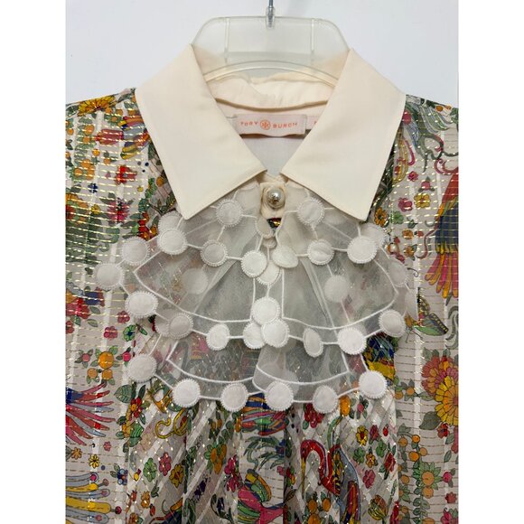 Tory Burch Promised Land Bird Peacock Floral Print Mini Dress Metallic Silk 8 - Picture 4 of 16